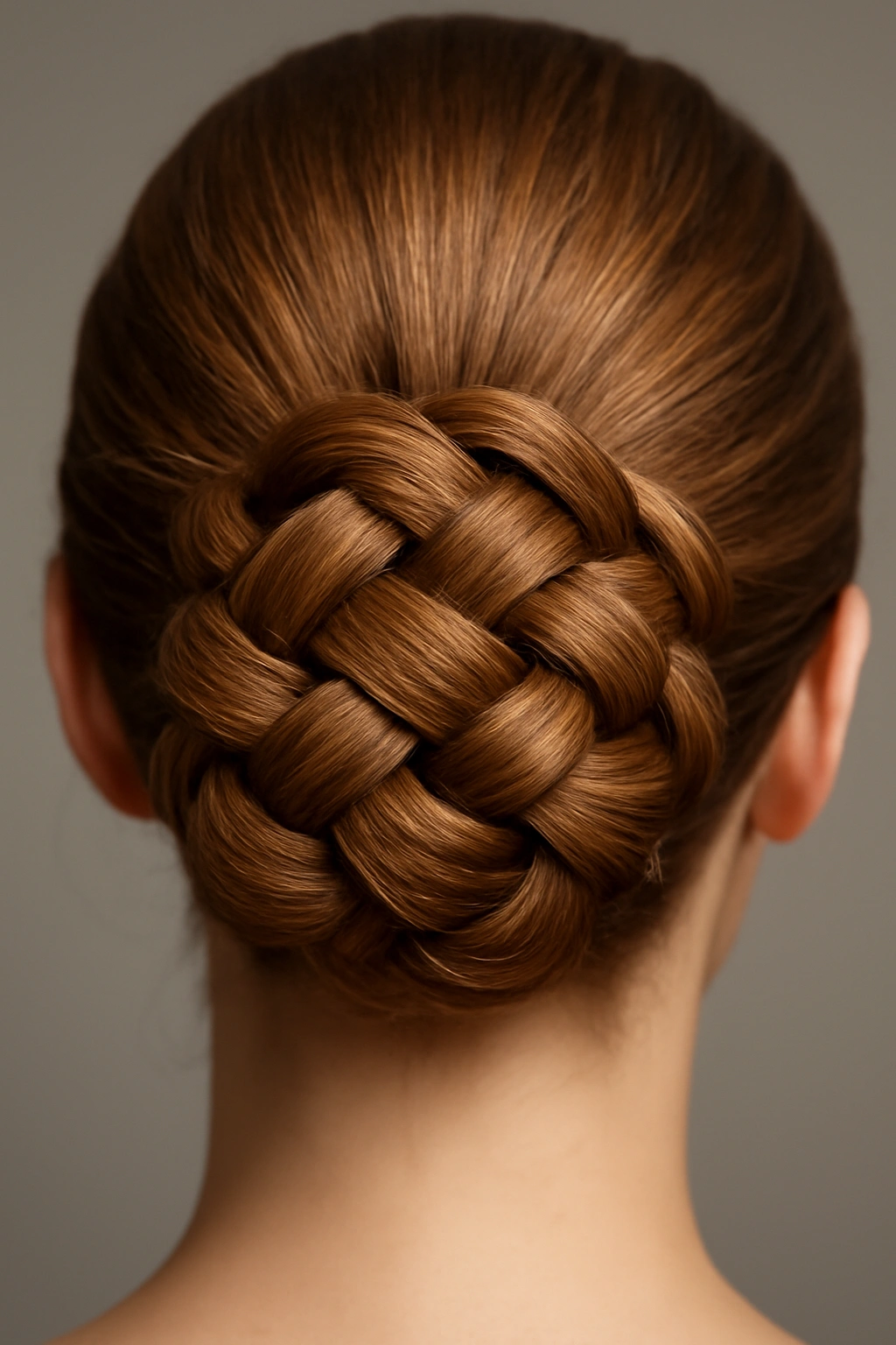 Detailed view of an intricate woven bun hairstyle with auburn hair and visible patterns.