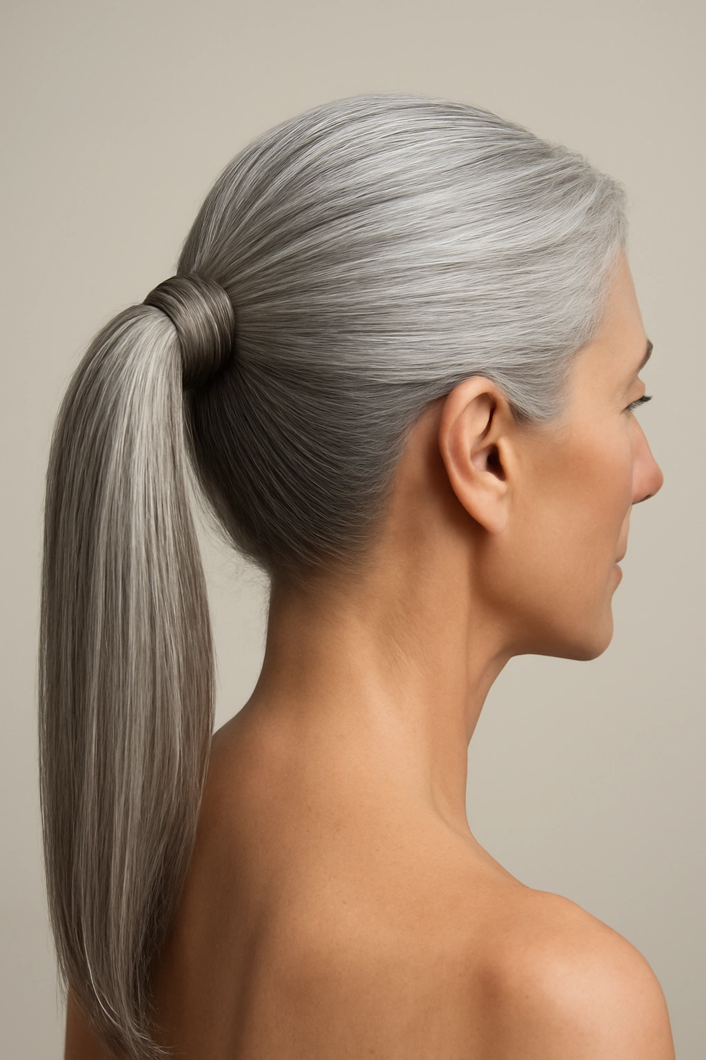 Sleek gray ponytail with a polished hair-wrapped base