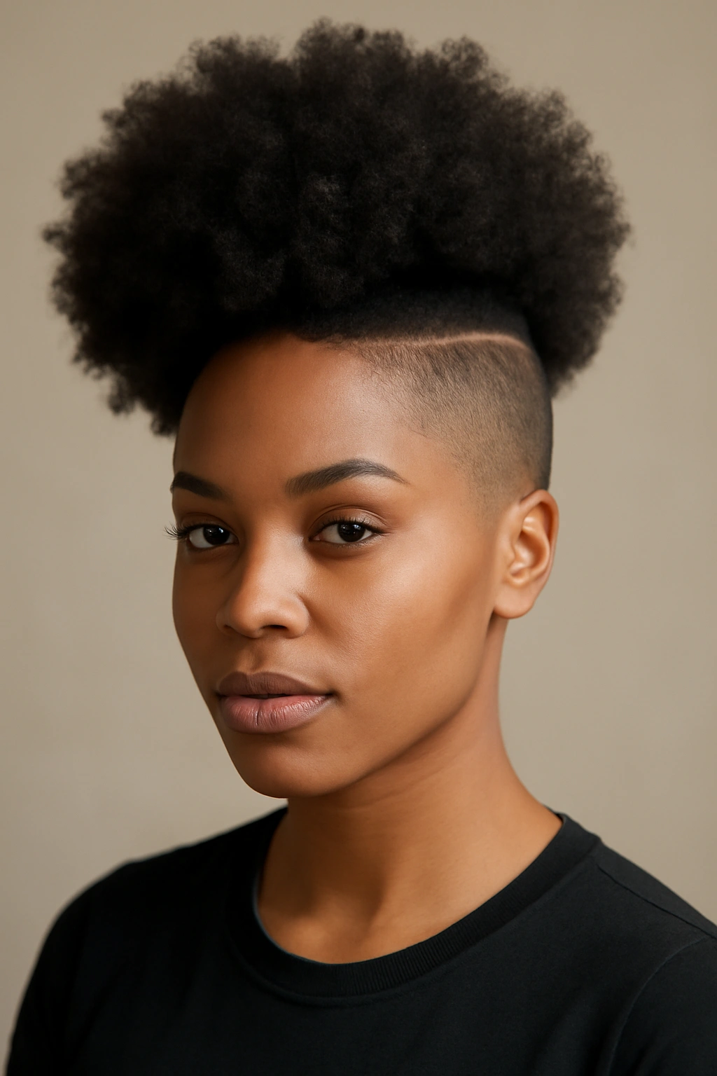 Black woman with centered Afro Puff and shaved side