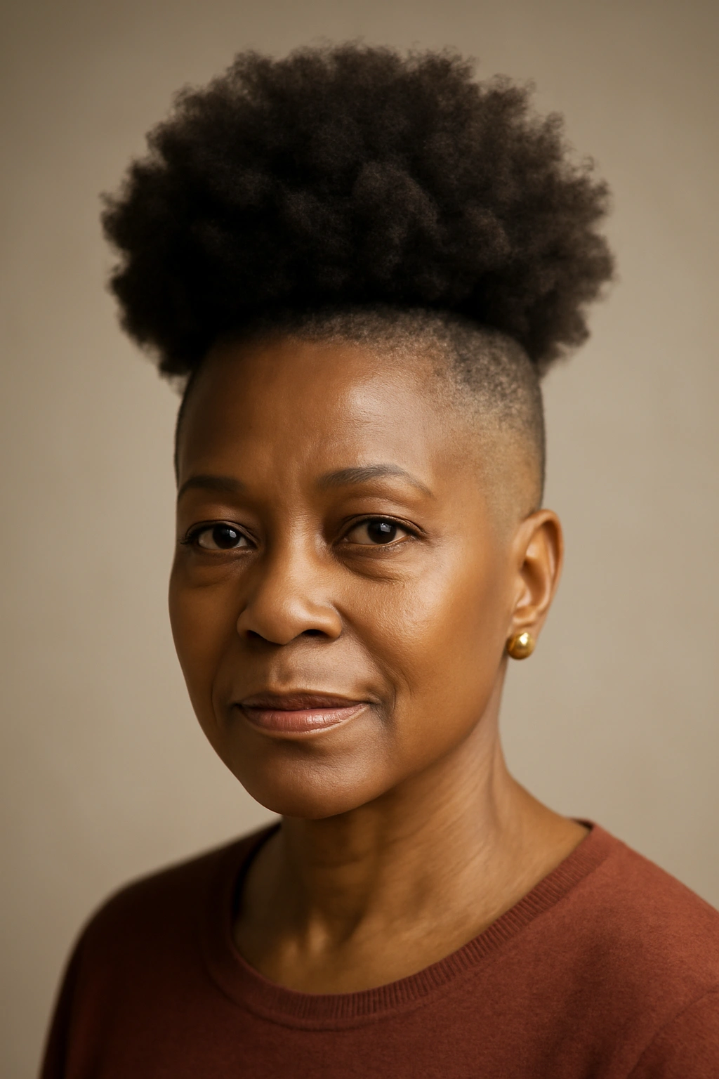 Close-up portrait of a mature Black woman with a full Afro Puff and shaved sides, highlighting hair texture and volume