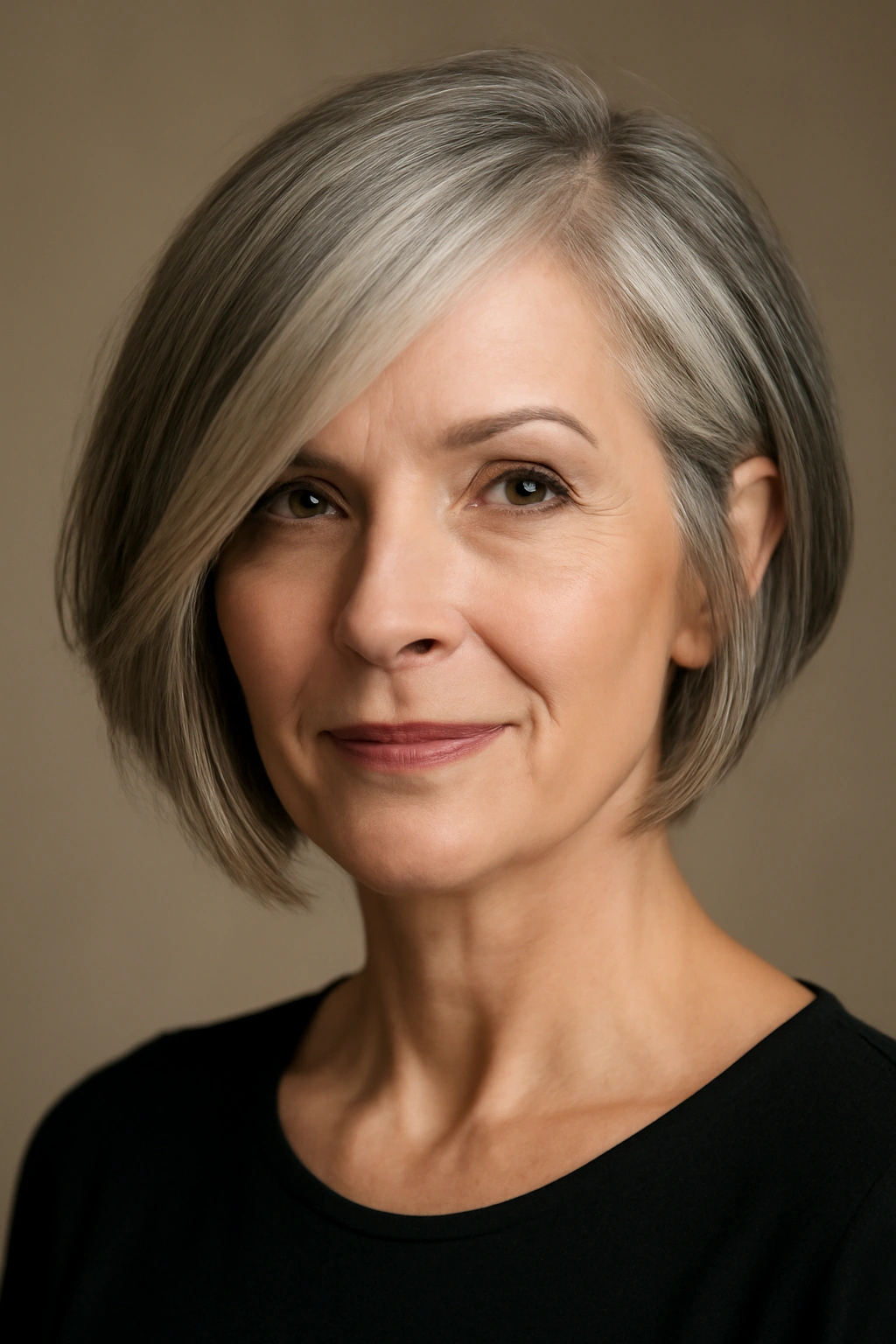 Portrait of a mature woman with an asymmetrical bob and side-swept bangs.