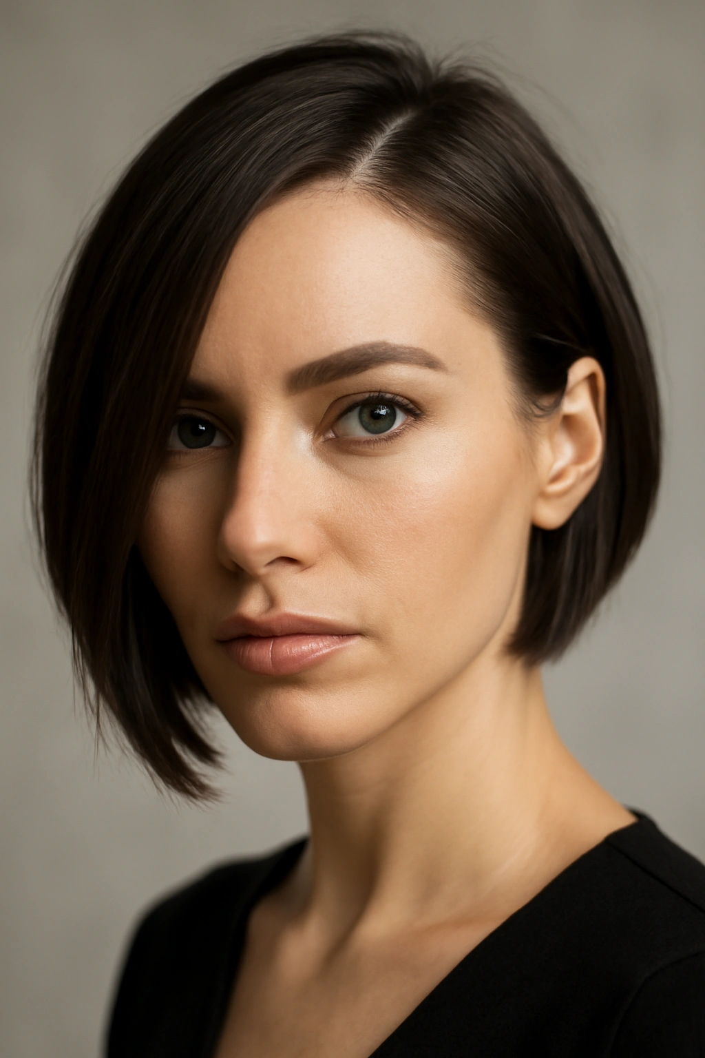 Asymmetrical bob with longer side sweeping toward the face