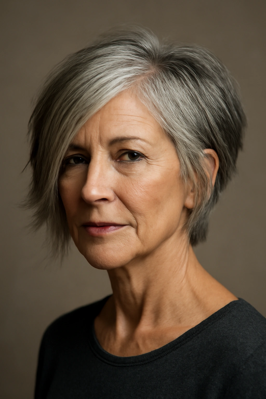 Portrait of a senior woman with an asymmetrical layered haircut