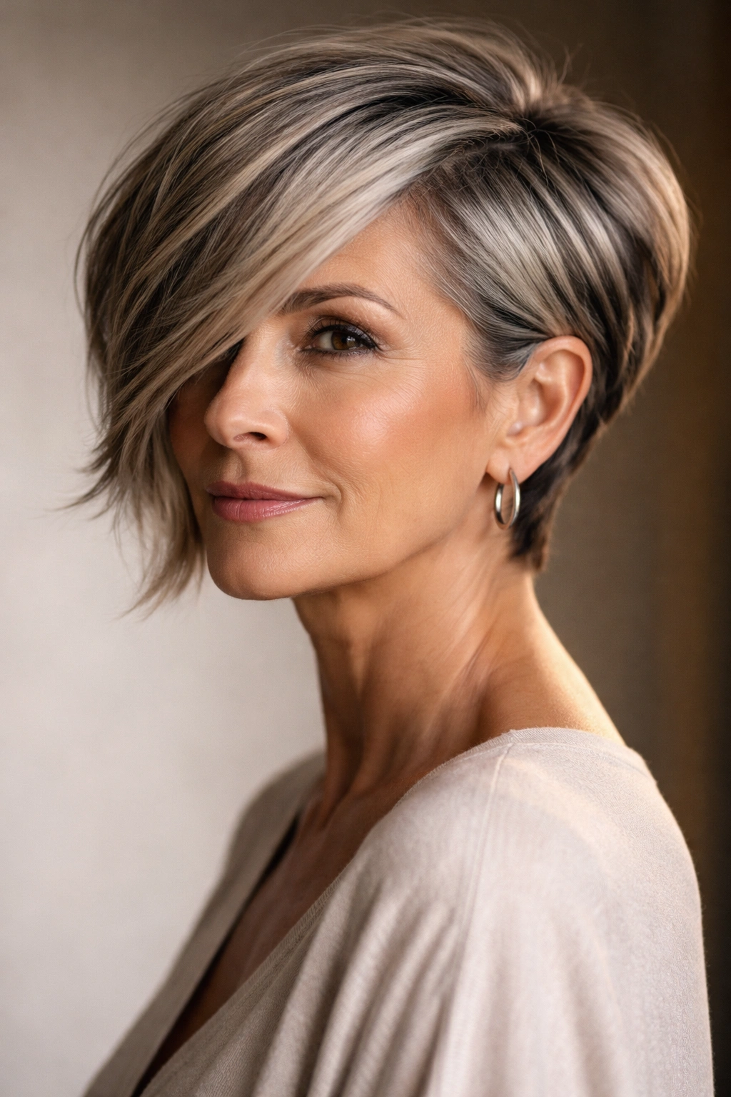 Older woman with asymmetrical pixie bob showing longer side