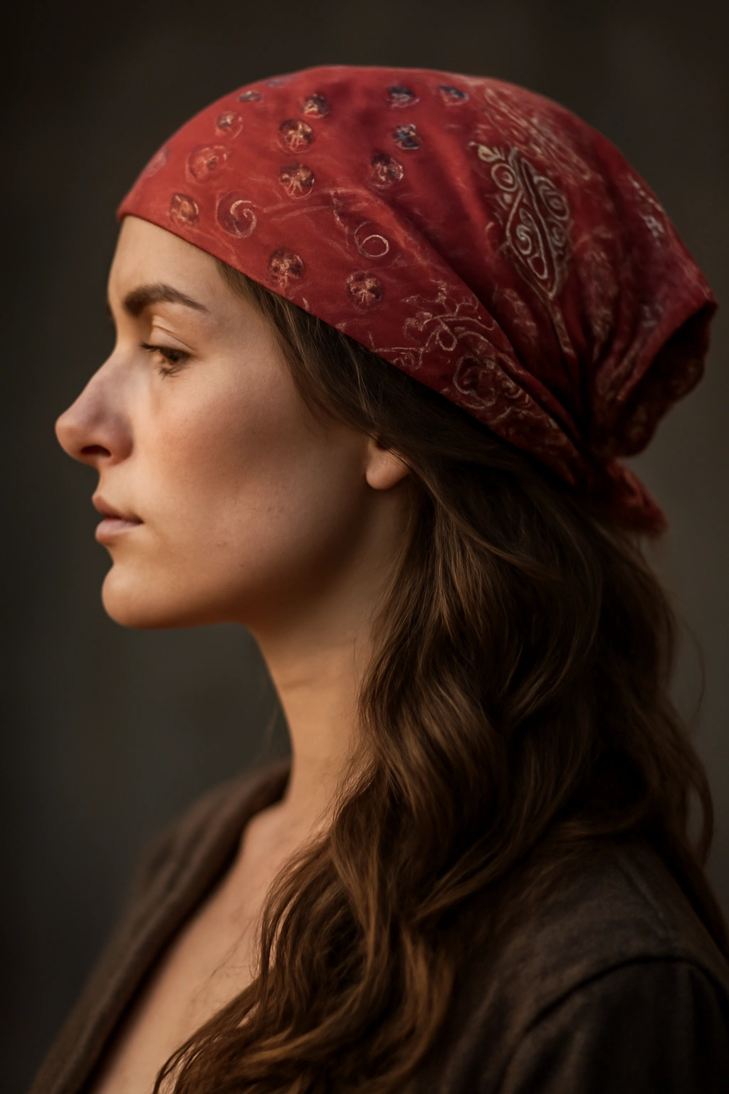 Bandana-wrapped head with hair swept to one side over a shoulder
