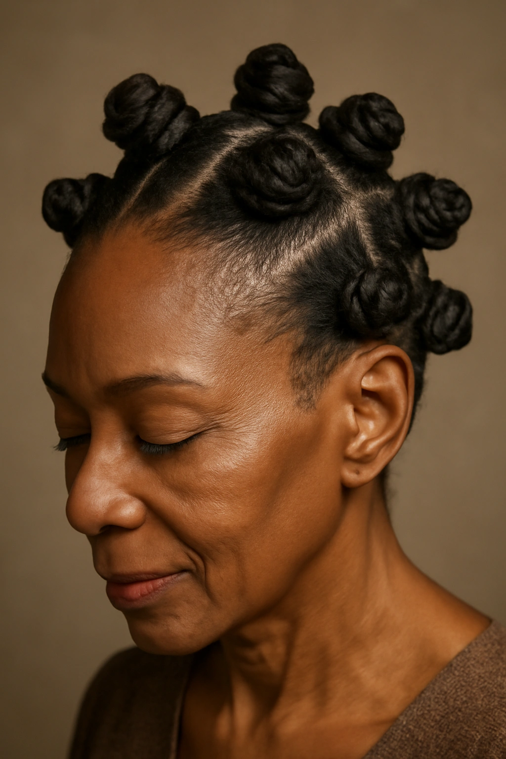 Close-up of a Bantu knot updo with multiple small knots across the scalp.