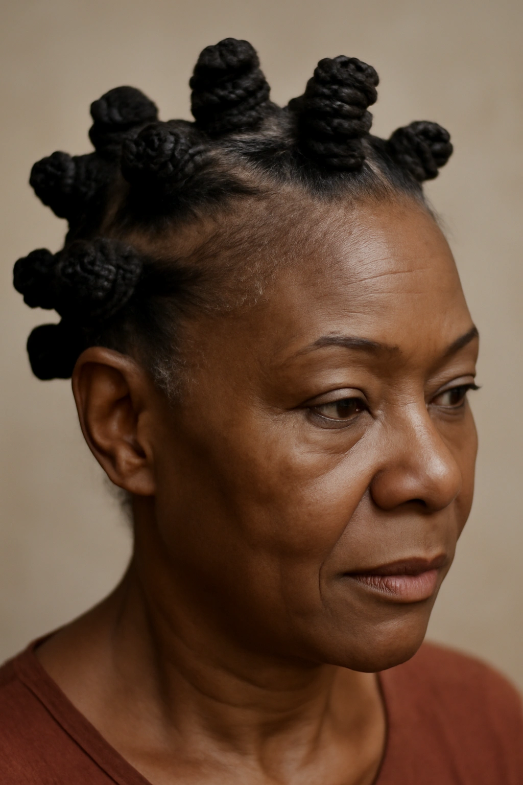 Close-up of Bantu knots on a mature Black woman's scalp