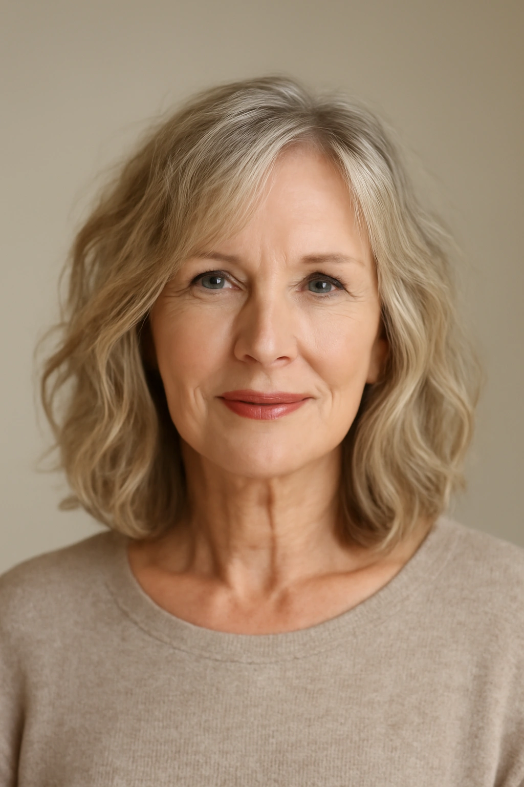 Woman over 60 with soft beachy waves in a medium-length hairstyle