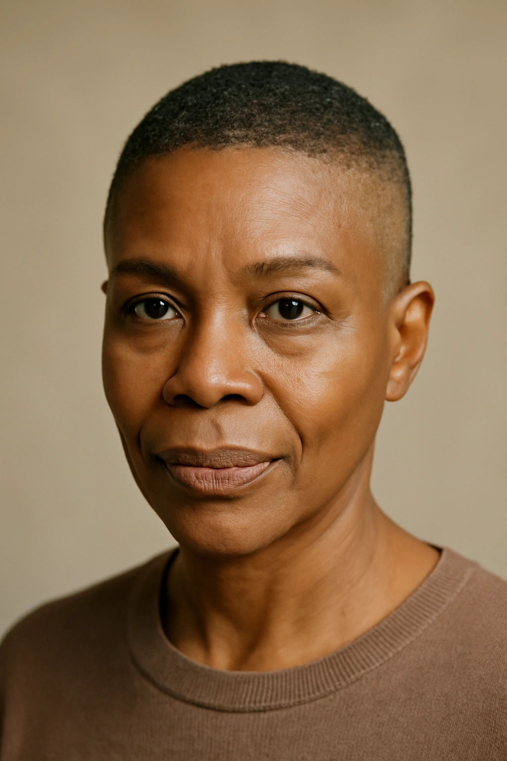 Close-up of an older Black woman with a big chop natural hairstyle, tightly coiled texture