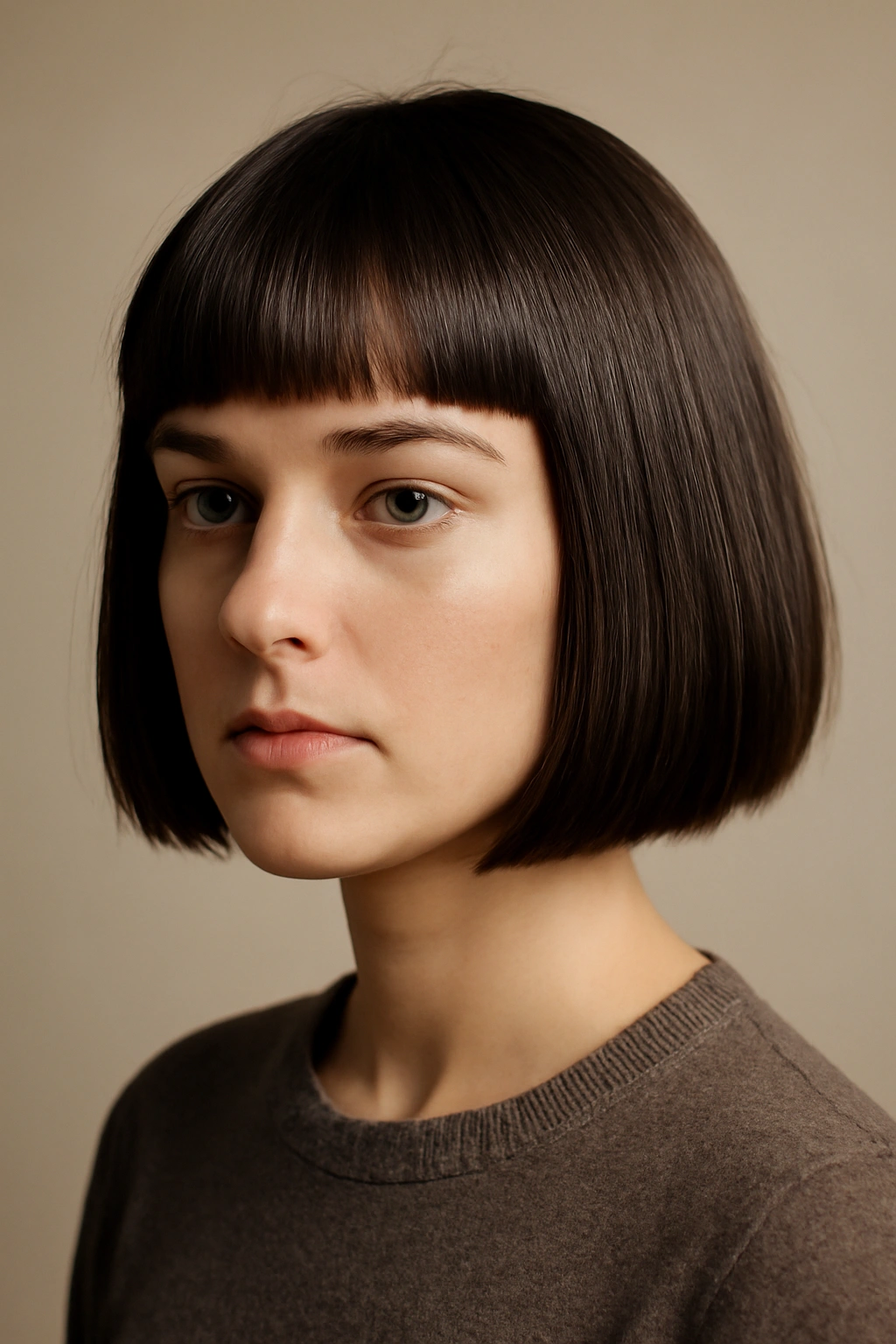 Portrait of a woman with blunt bob and bangs