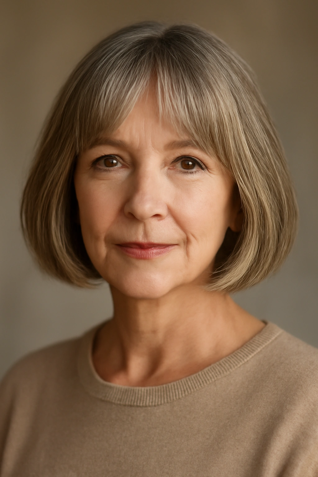 Portrait of a mature woman with a bob and curtain bangs.