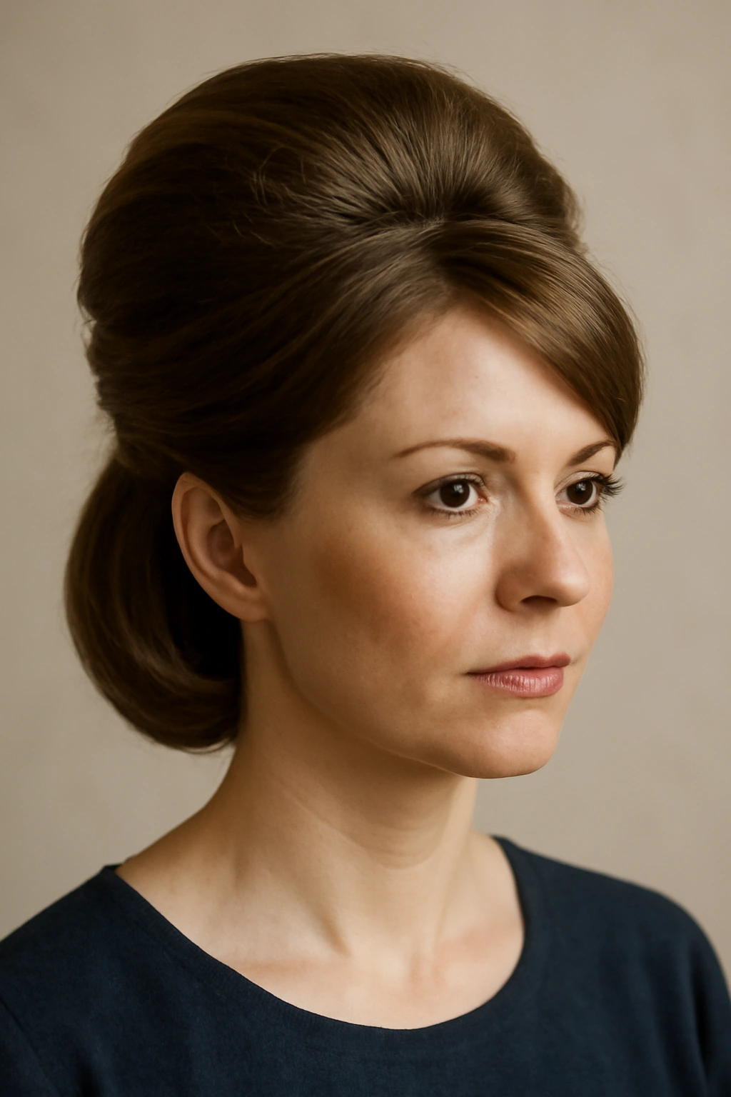 Bouffant with pinned back sides featuring high crown volume.