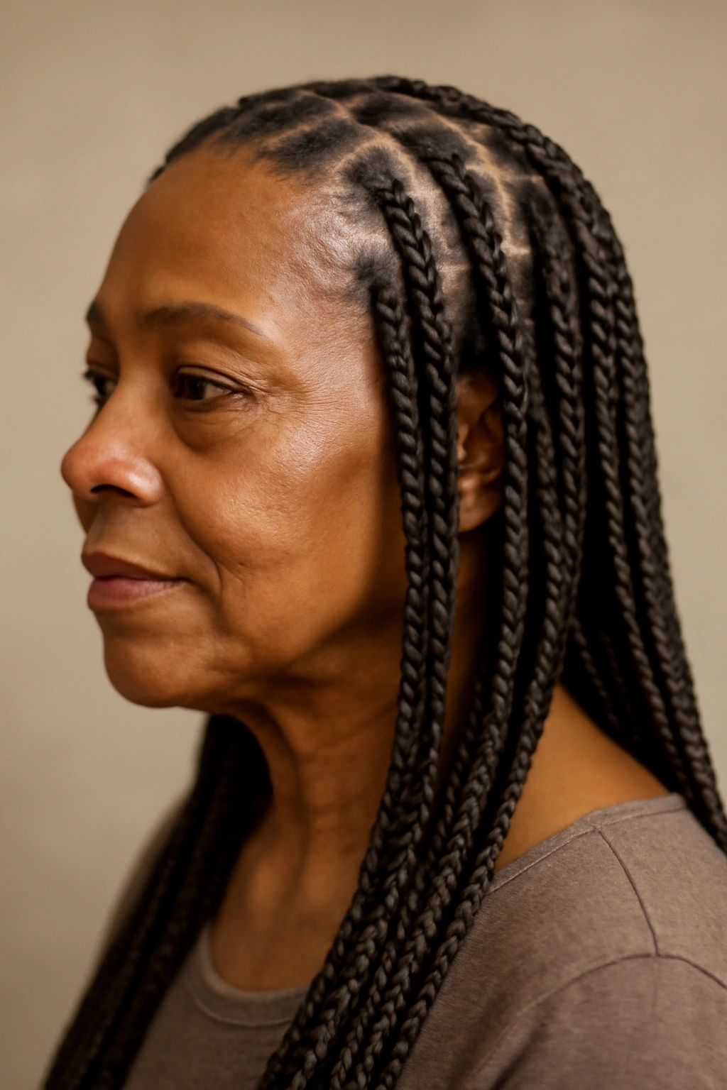 Close-up of box braids on a mature Black woman's head