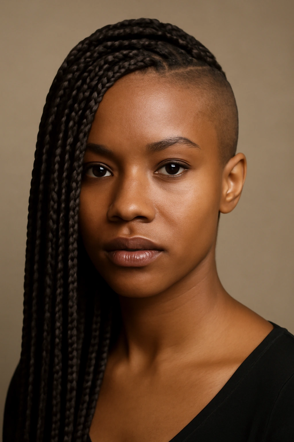 Close-up of box braids with shaved side showing high-contrast silhouette