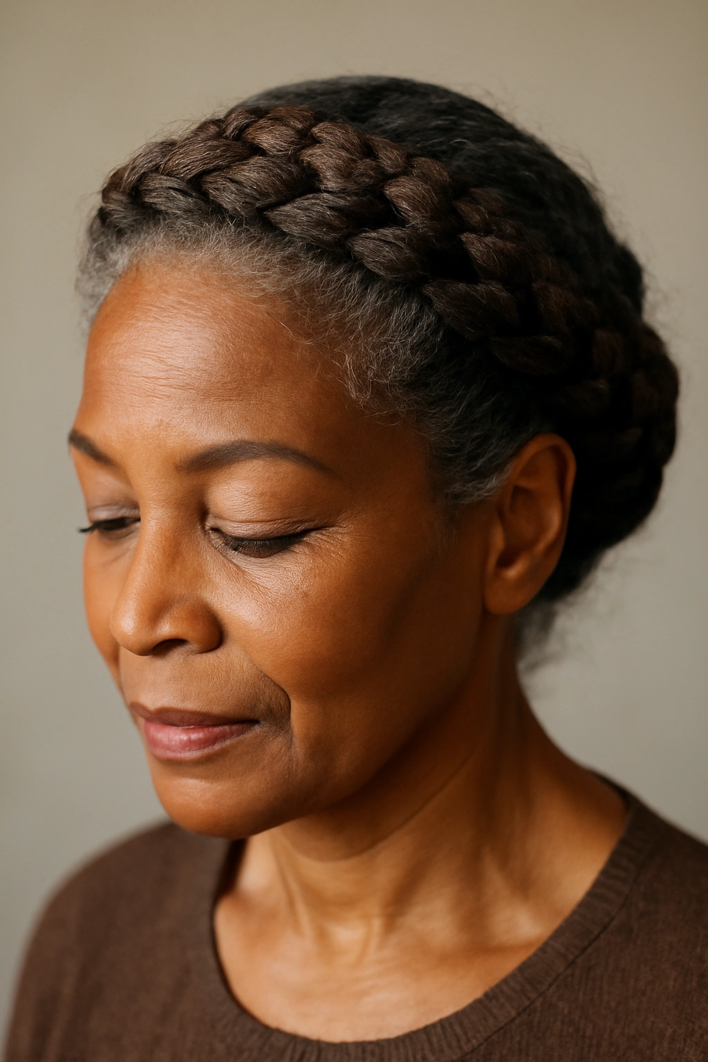 Close-up of a braided crown updo encircling the head.