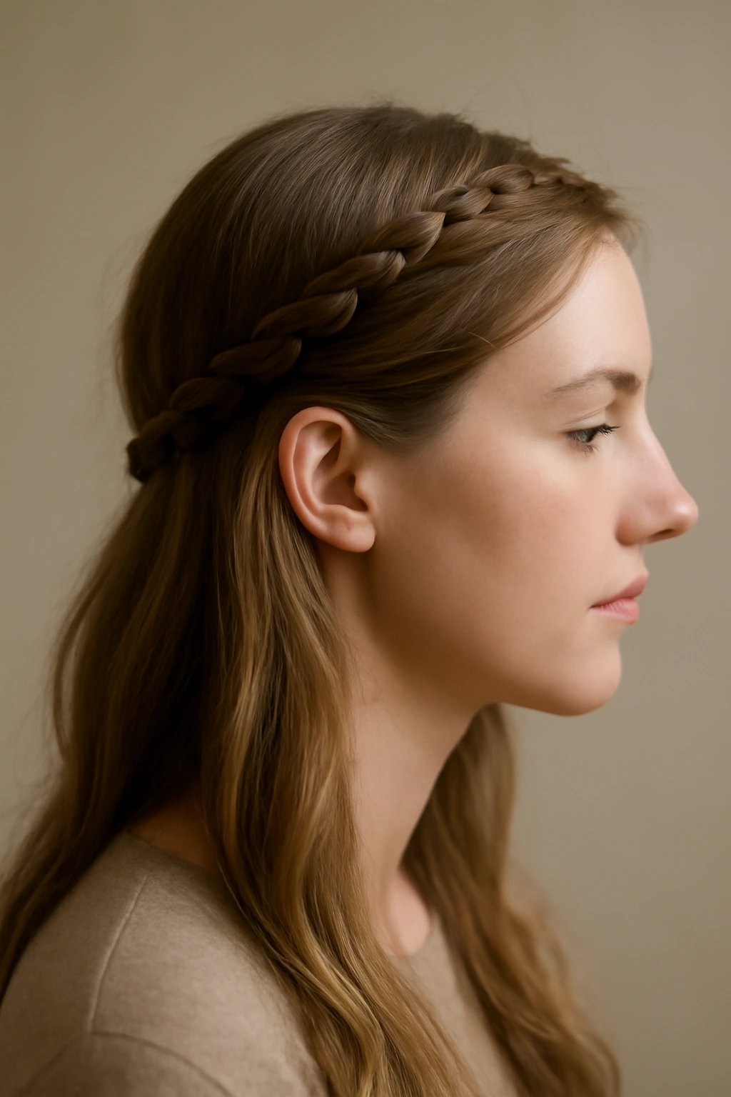 Halo braid across the top of the head with loose hair down