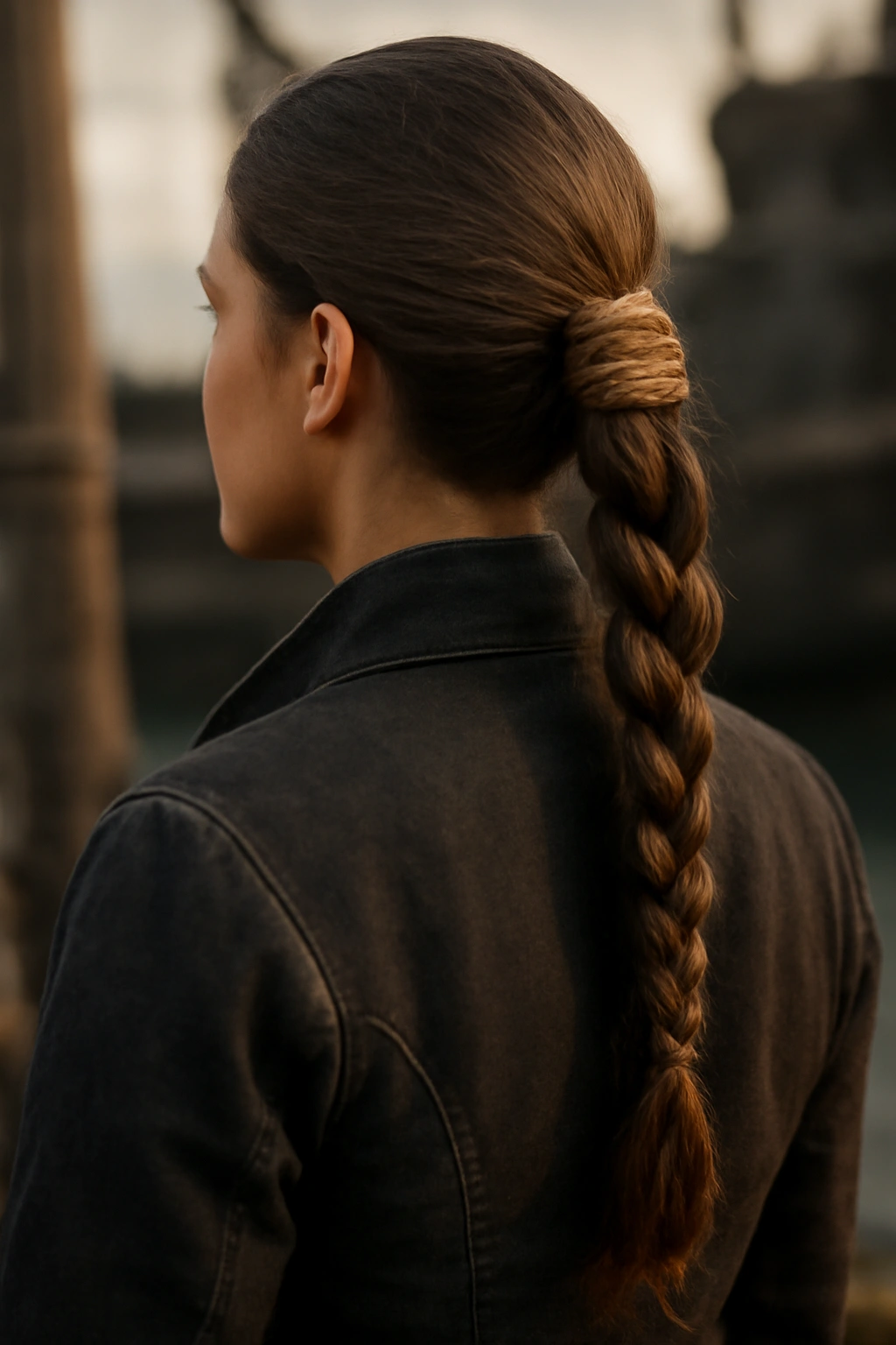 Low ponytail wrapped with rope at the base and long braid