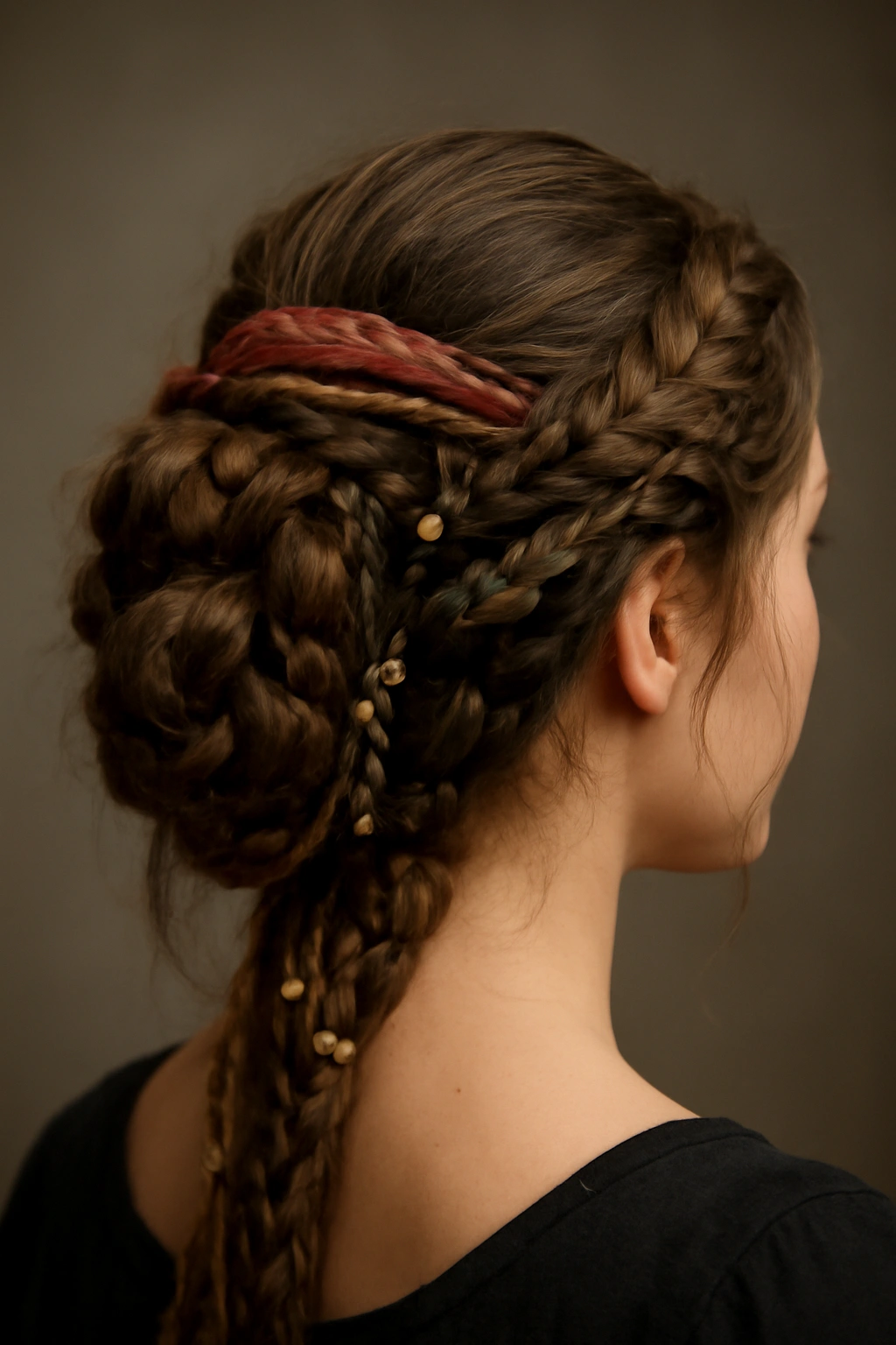 Close-up of an elaborate braided updo with pirate accessories like beads, feathers and rings