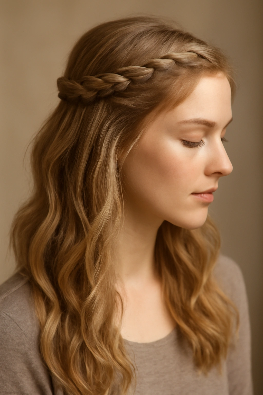 Top braid with loose waves flowing below, crown texture