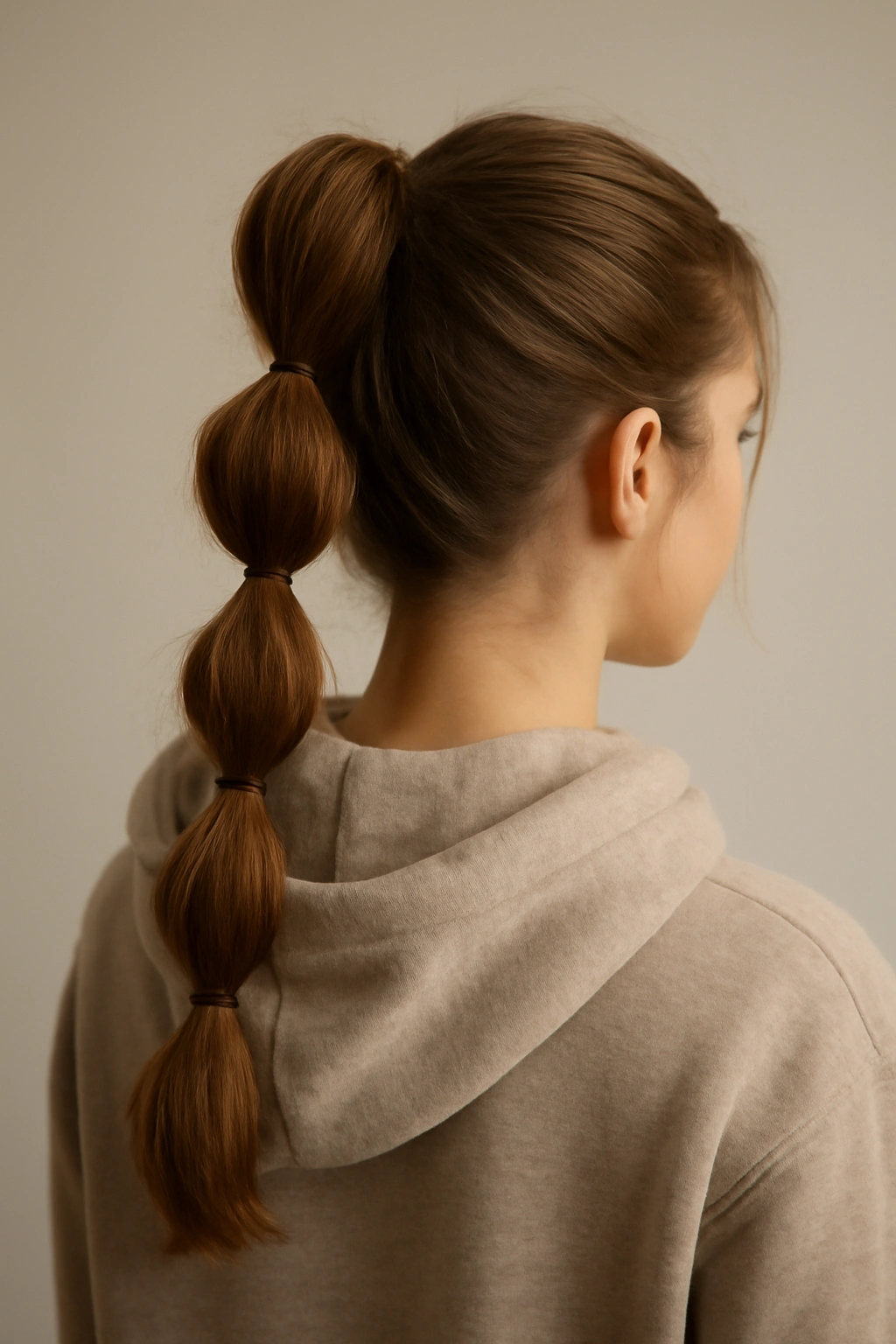 Bubble ponytail with elastics creating bubble segments