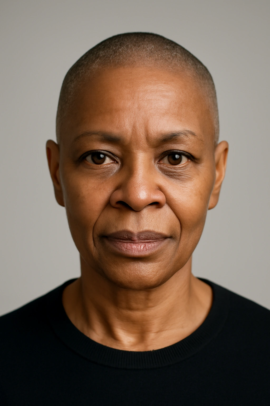 Close-up portrait of an older Black woman with buzz cut