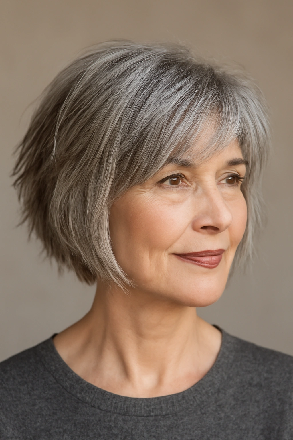 Choppy A-Line Bob showing shorter back and longer front on a senior woman