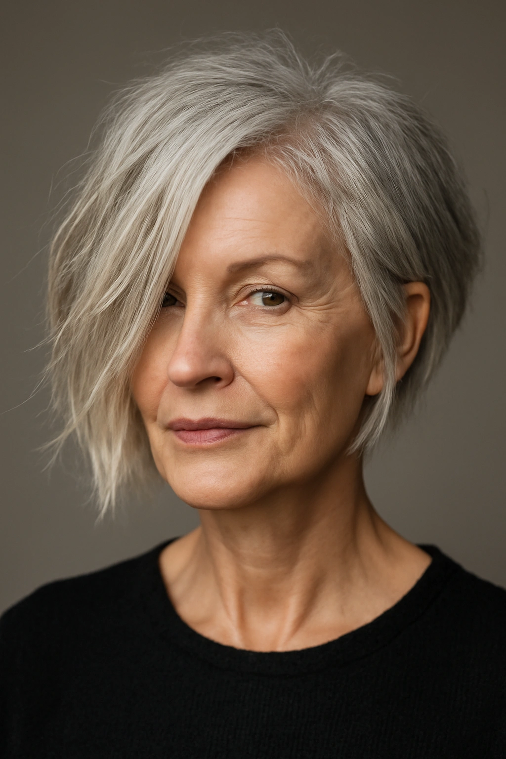 Close-up of a woman with an asymmetrical choppy bob.