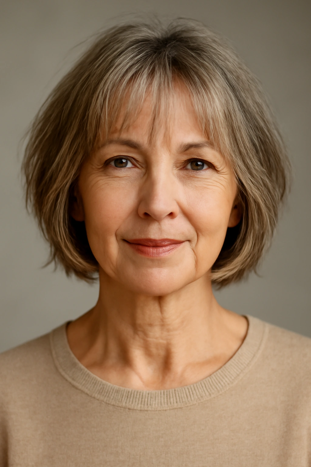 Close-up of a woman over 60 with a choppy bob and curtain bangs.