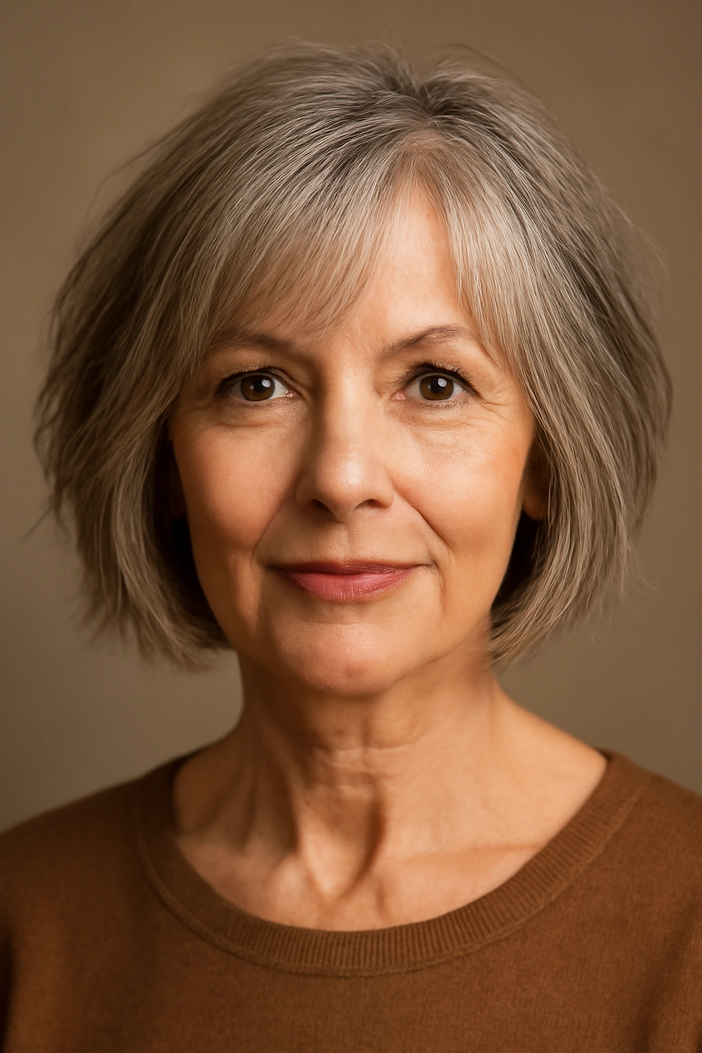 Front portrait of mature woman with choppy bob and face-framing layers highlighting cheekbones and eyes.