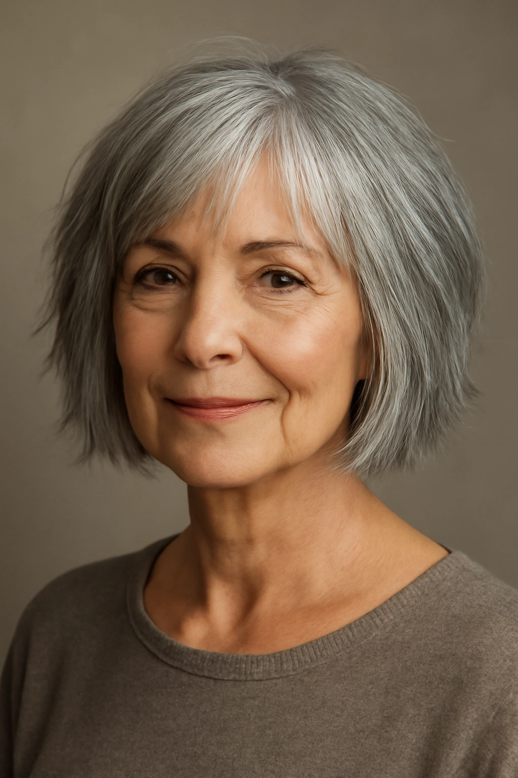 Close-up of a gray-haired woman wearing a choppy bob.