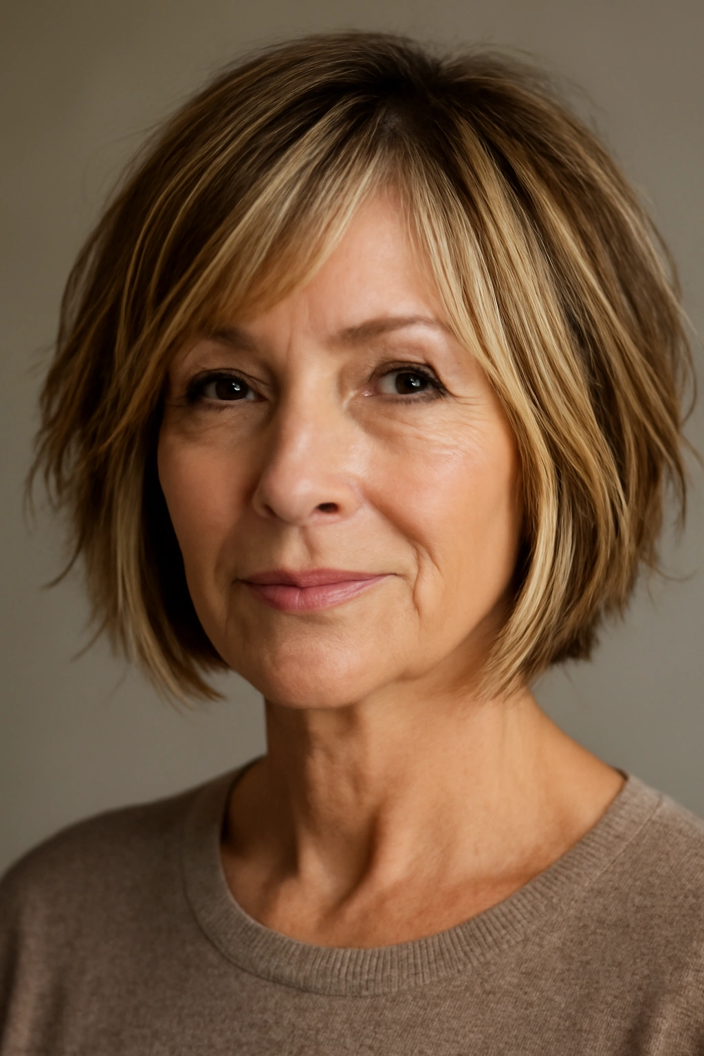 Close-up of a woman with a highlighted choppy bob.