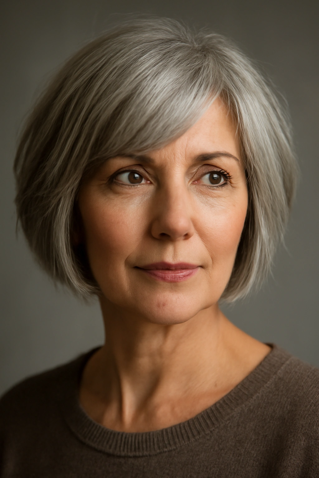 Close-up of a woman over 60 with a choppy bob and side bangs.