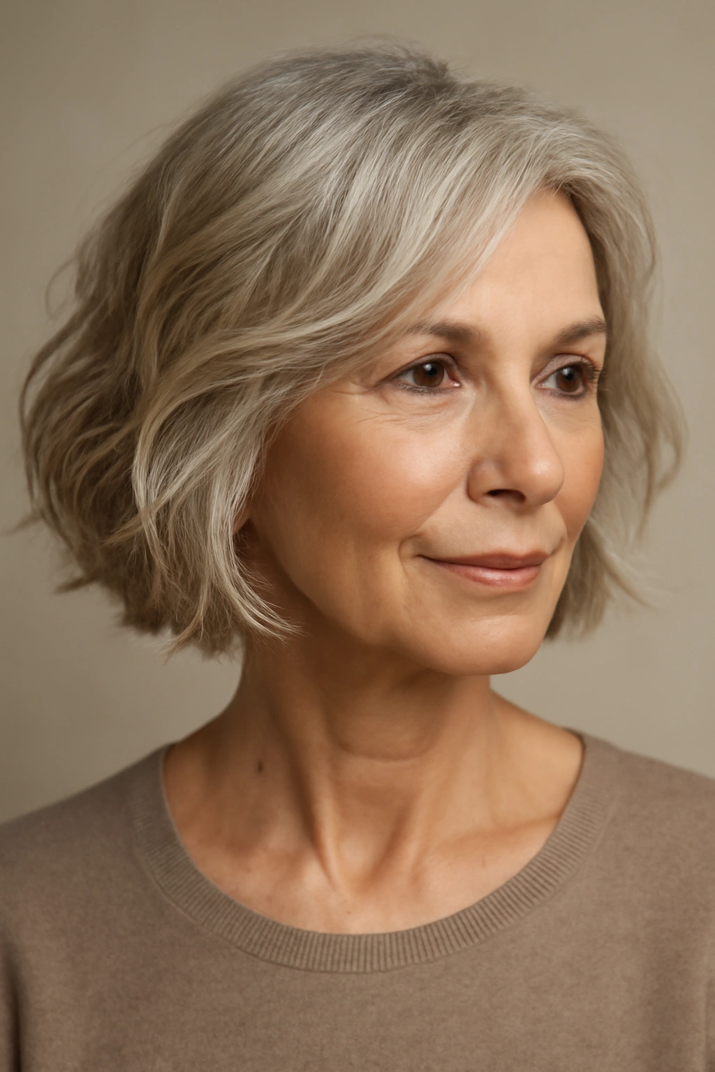 Close-up portrait of a mature woman with a choppy bob and soft waves, showing volume and texture.