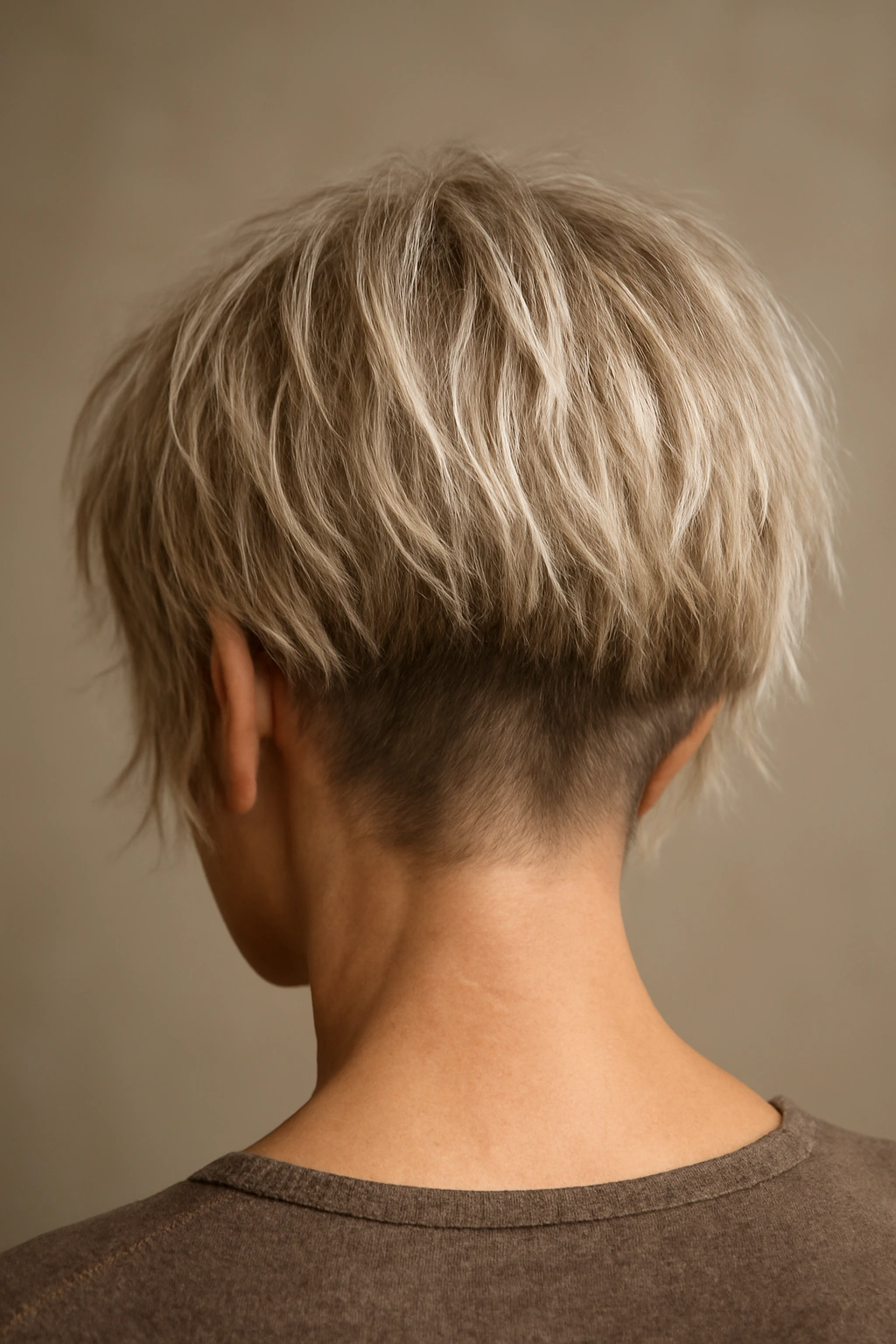 Back view of mature woman with a choppy bob and hidden undercut under the top layer.