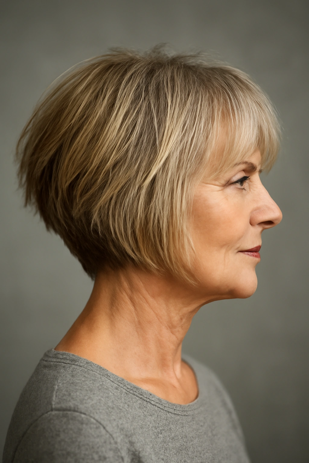 Choppy Graduated Bob with stacked back layers on an older woman