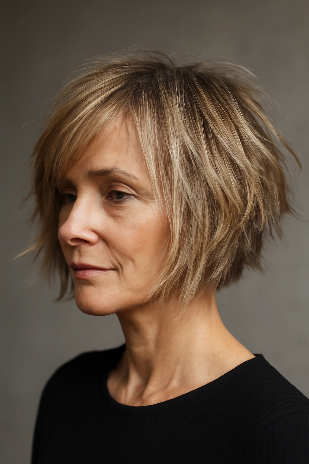 Portrait of a person with a bold, choppy layered bob in studio lighting