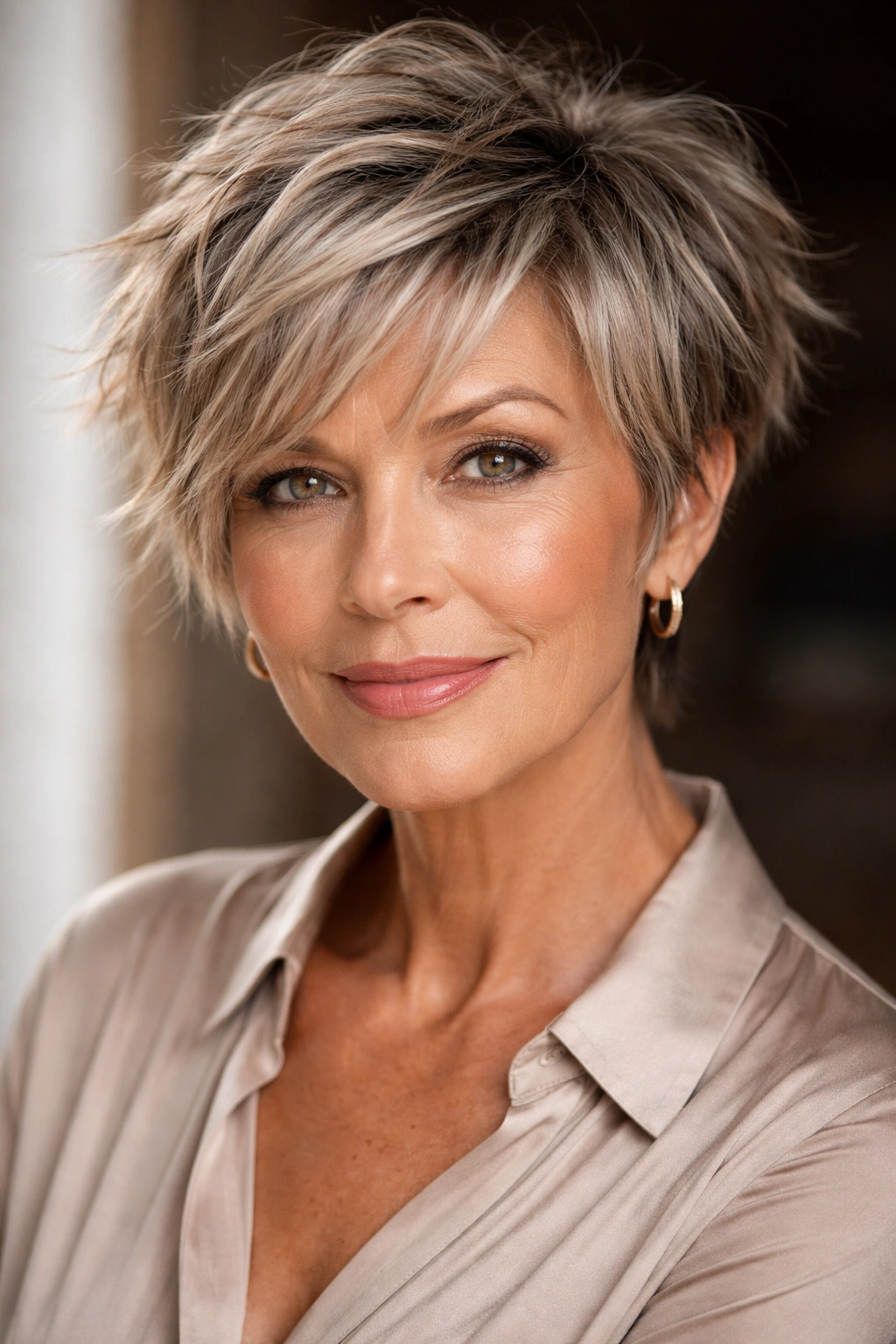 Full-face portrait of older woman with choppy pixie bob texture