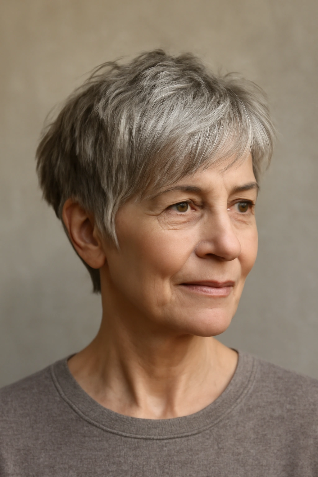 Choppy Pixie Bob on a mature woman with cheekbone-length pieces