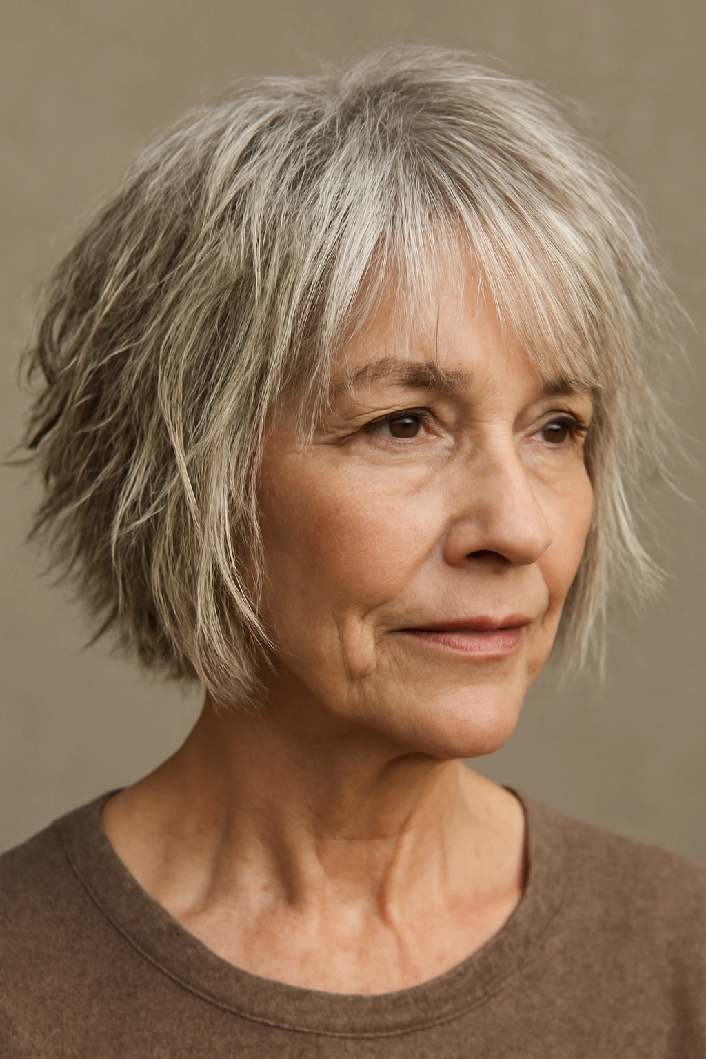 Close-up of a woman with a highly textured choppy bob.