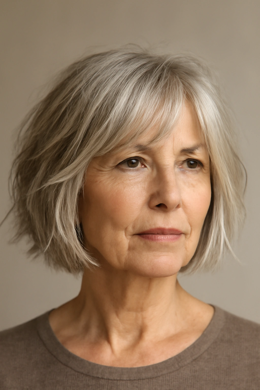 Classic Choppy Bob on a woman over 60 with textured uneven ends