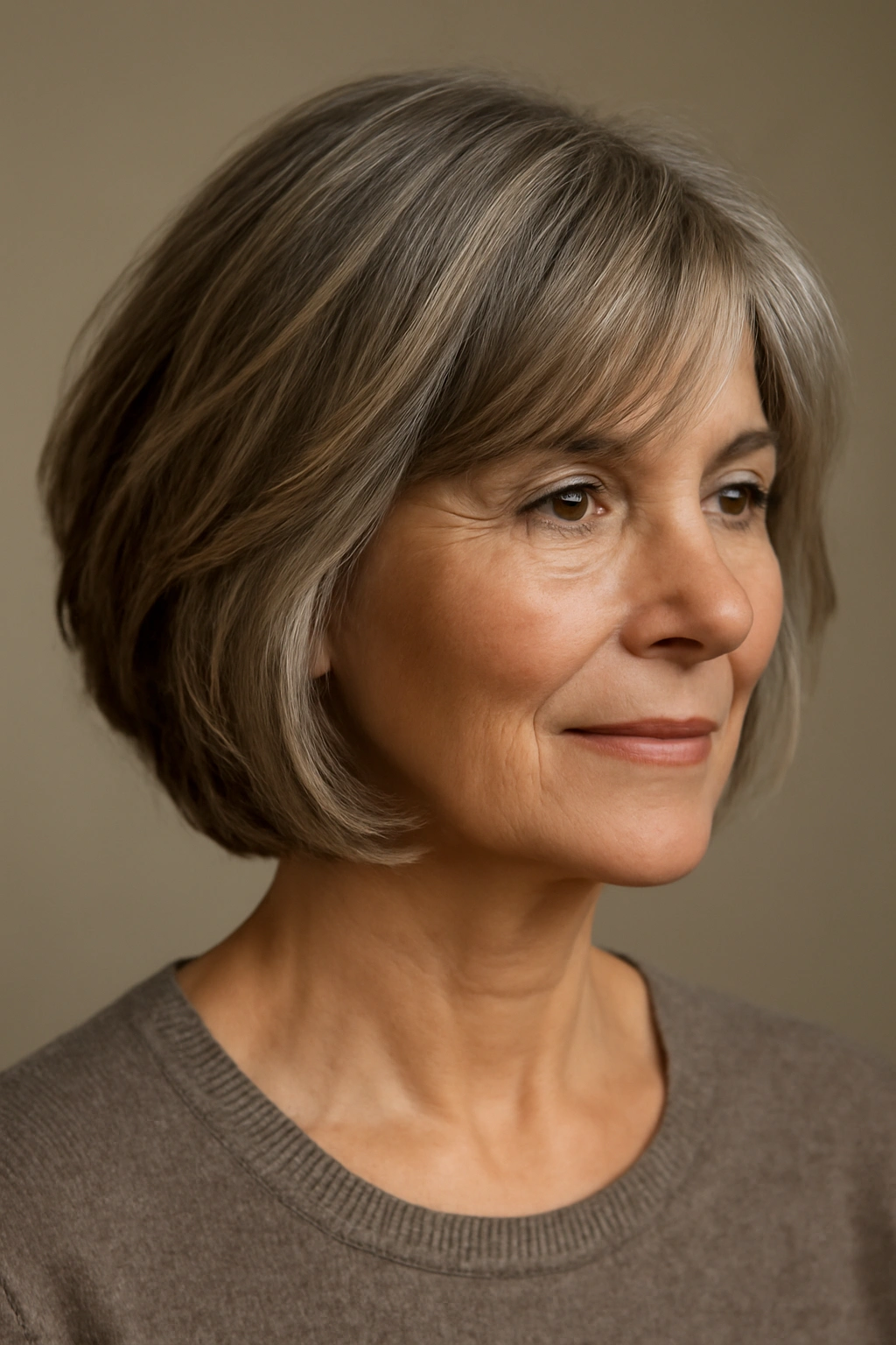 Close-up of an older woman with a chin-to-shoulder layered bob showing movement and dimension