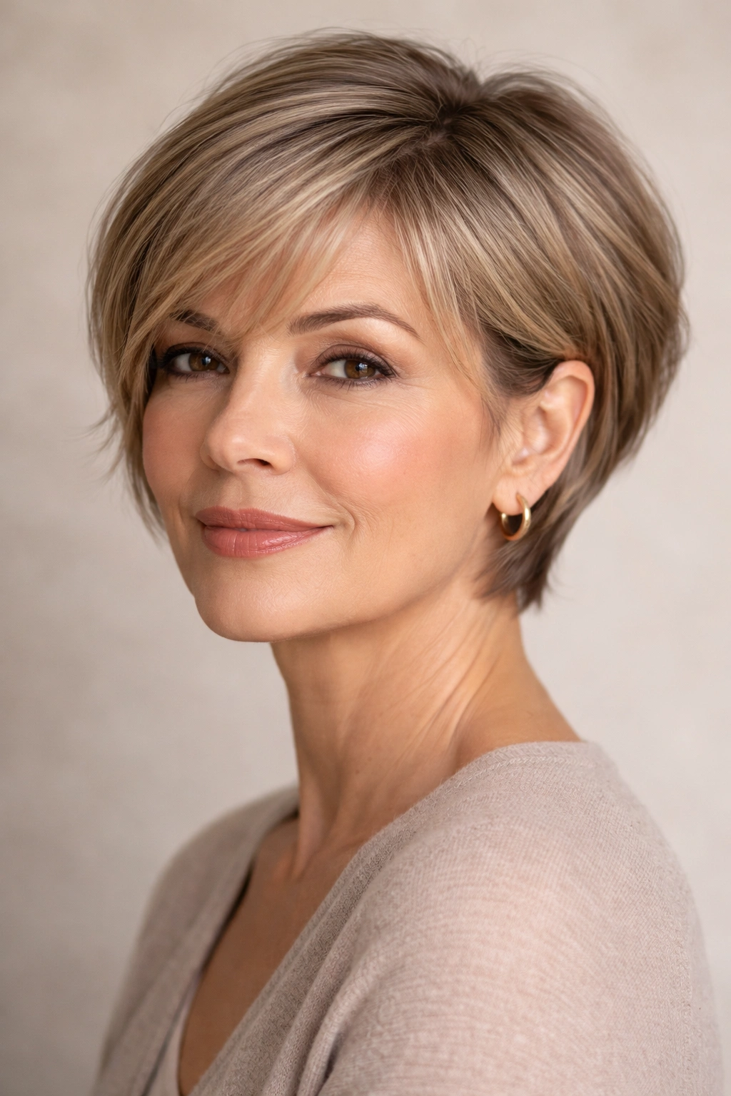 Close-up of classic pixie bob on an older woman, ear-level length and face-framing front