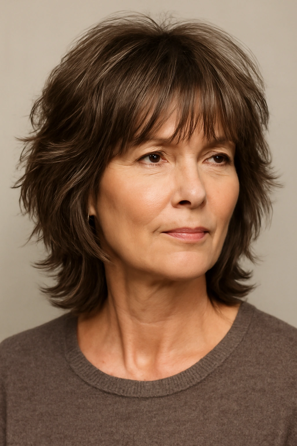 Close-up portrait of a woman with a classic shag haircut featuring layered choppy ends and curtain bangs
