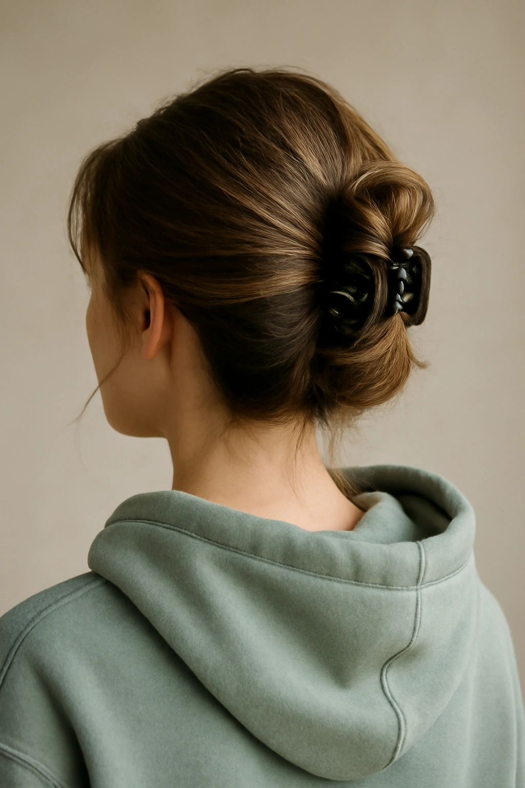 Claw clip updo hairstyle with hoodie down