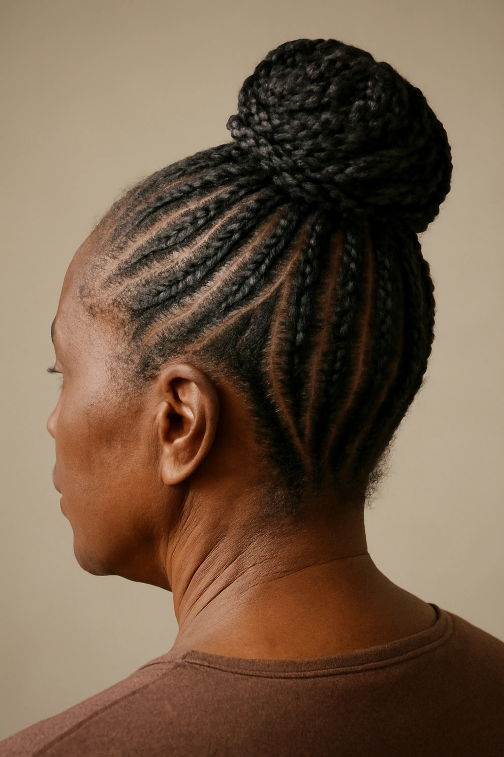 Close-up of a cornrow updo showing intricate scalp braiding patterns.