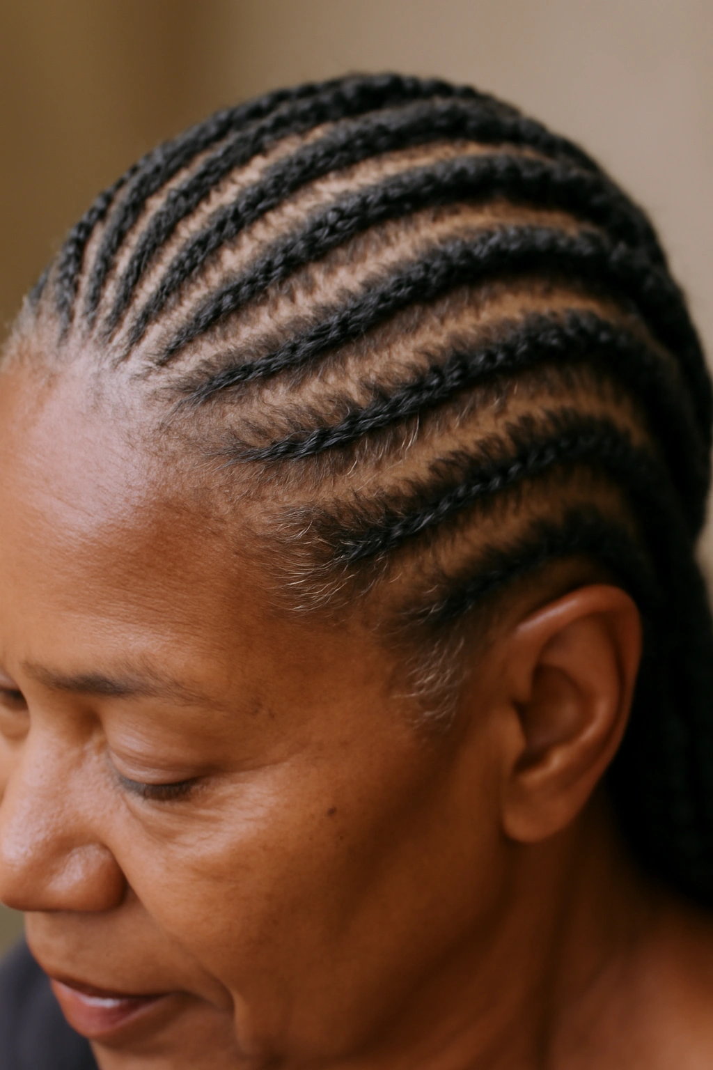 Cornrows hairstyle on mature Black woman's scalp