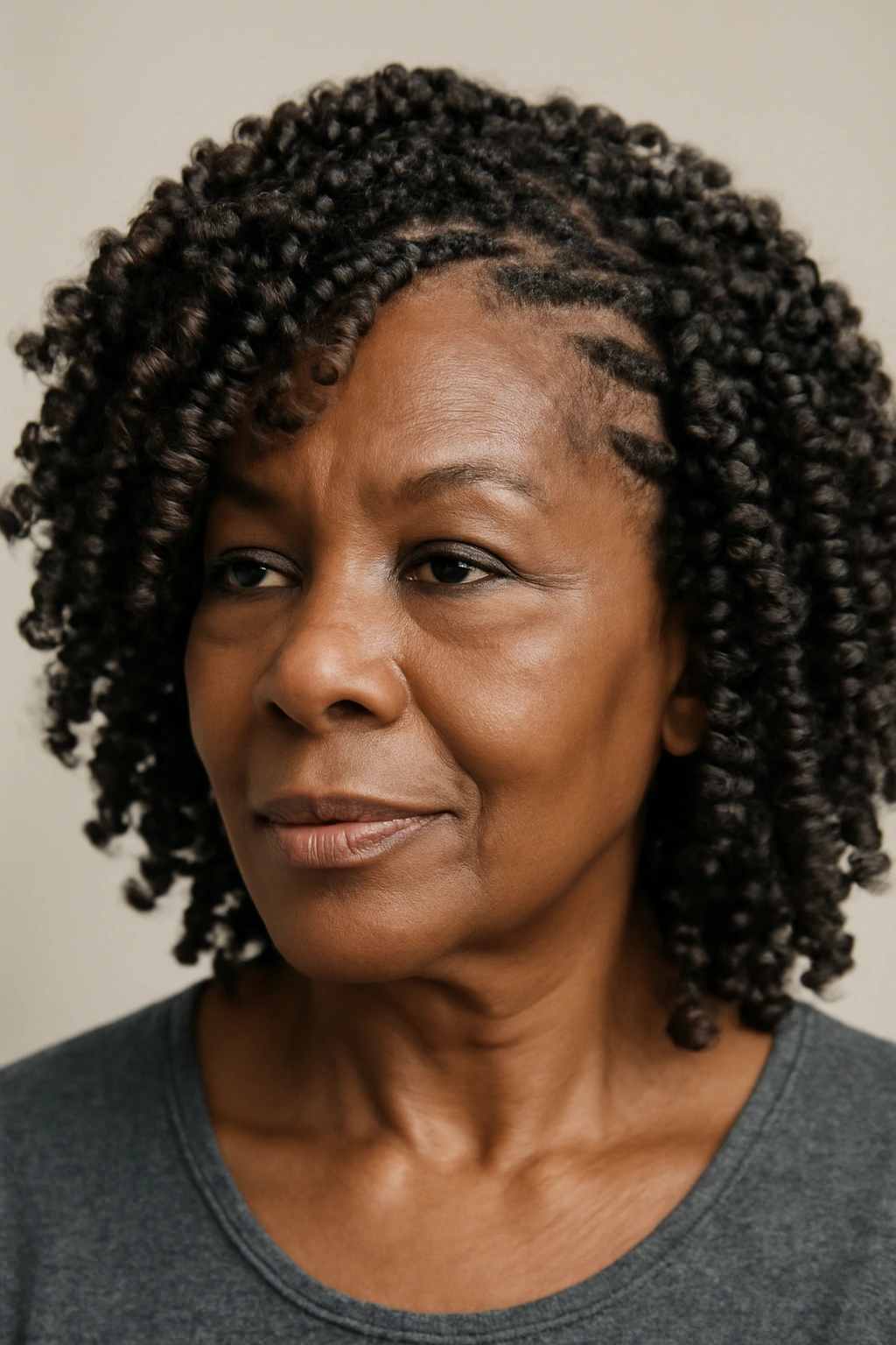 Crochet braids hairstyle on mature Black woman