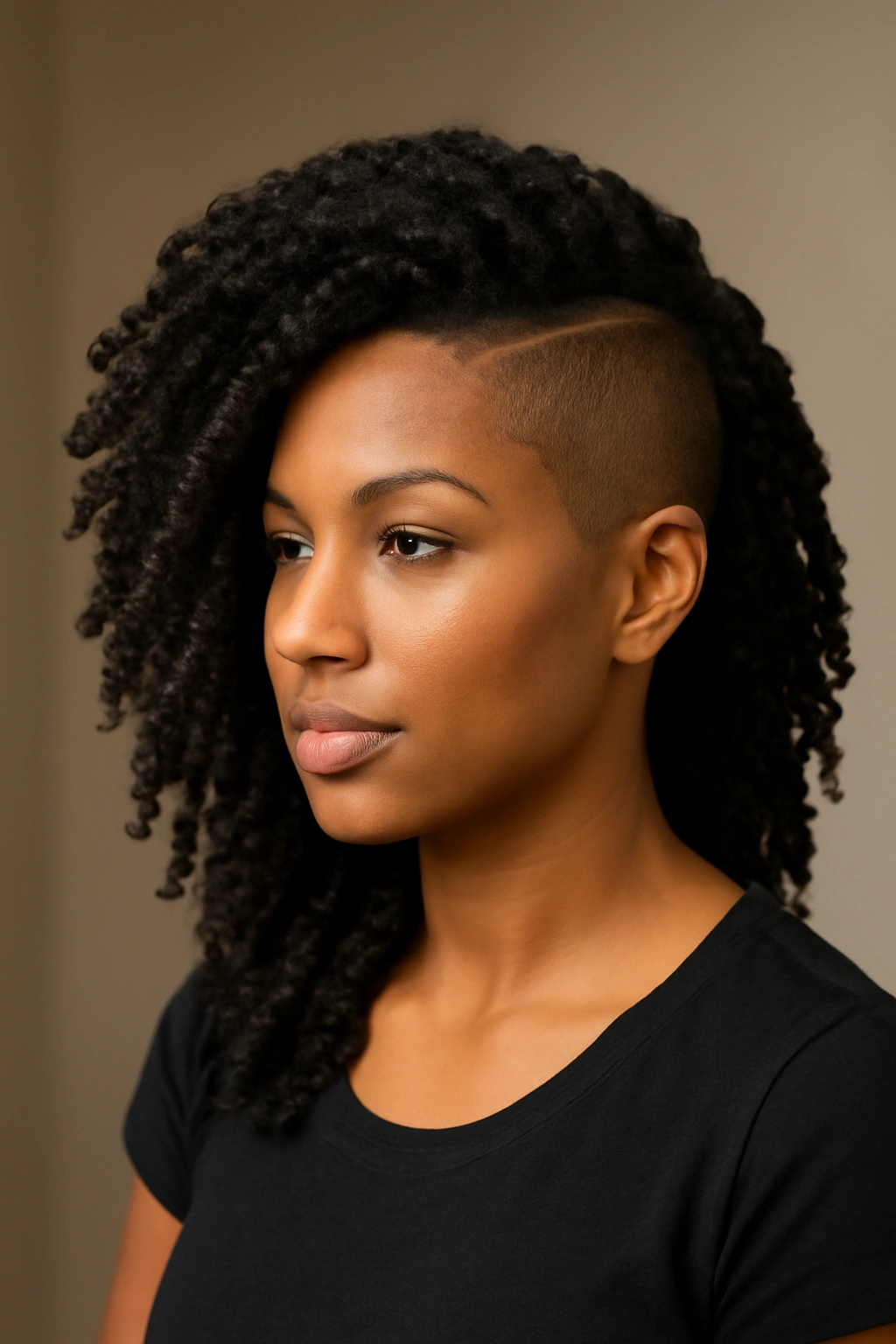Black woman with crochet braids on one side and shaved opposite side