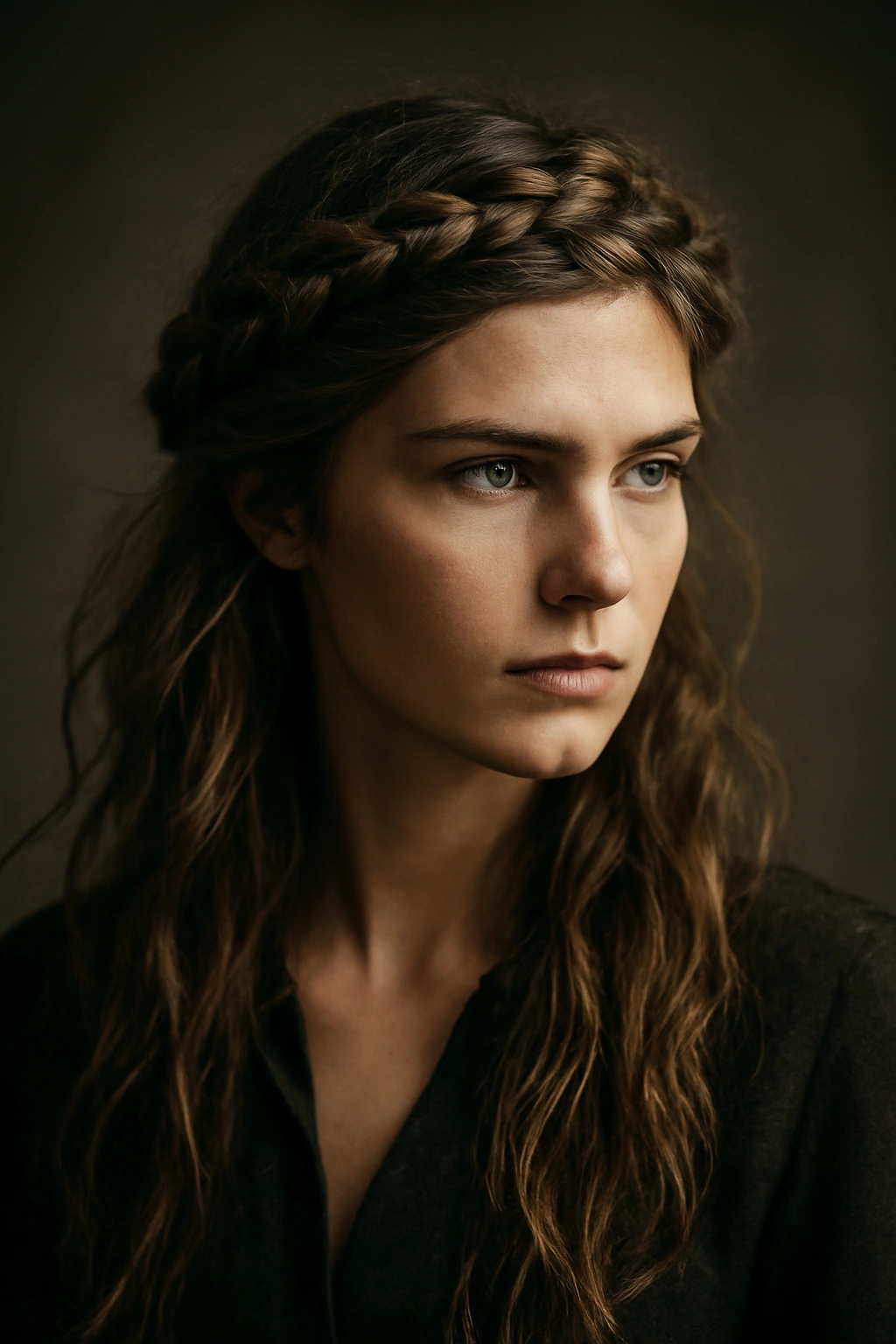 Woman with a crown braid around her head and loose ends cascading below