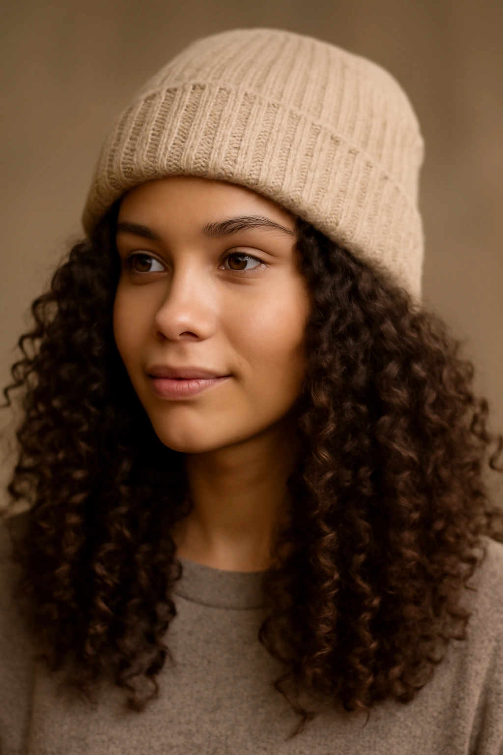 Curly hair cascading below a beanie with defined curls